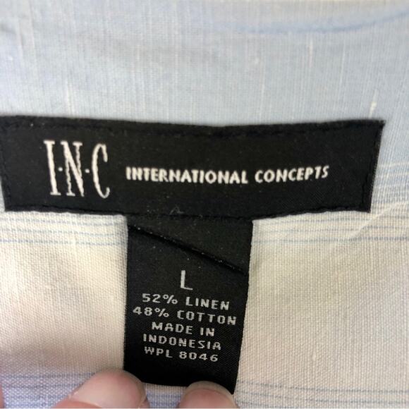 INC International Concepts Blue Tan Stripe Short Sleeve Button Front Shirt - Picture 9 of 16